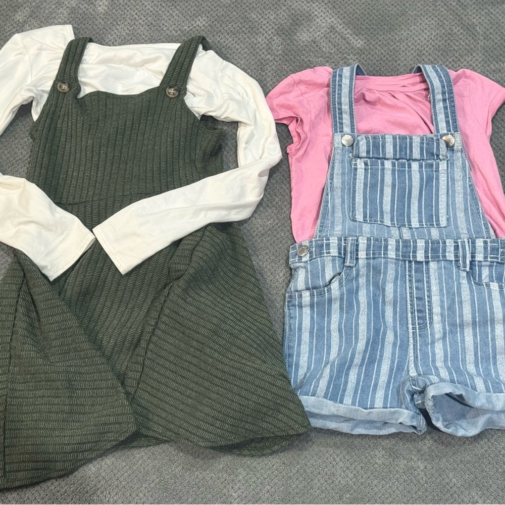 Girls Size 6/7 Spring Bundle DKNY Overalls‎ + Green Dress 2 Outfits